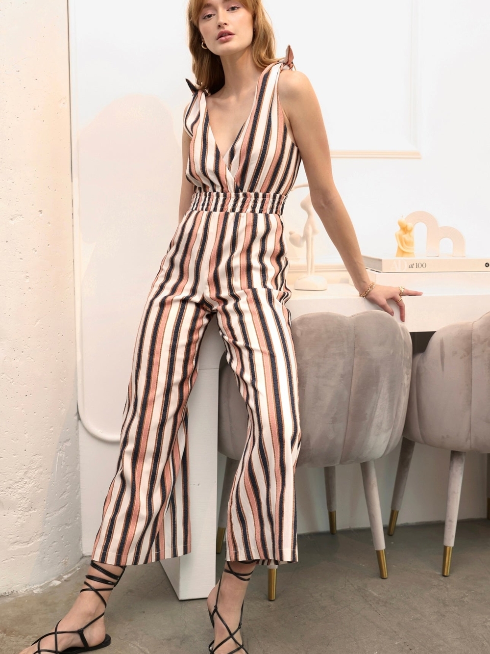 Adelyn Rae Striped Tie-Shoulder Jumpsuit in Blush, Black & Cream